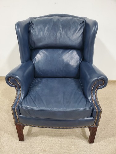 Classic Leather Company Lounge Chair Wing Chair Semi-Aniline Dyed Blue Nailheads