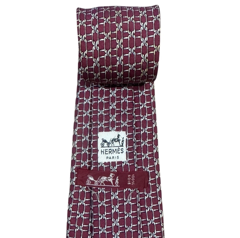 Eslabones de cadena para hombre Hermes borgoña y seda blanca 772 UA 3,25" (W) x 57,75" (L) Foto 2 de 4