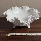Vtg Fenton Milk Glass Three Footed Ruffled Crimped Edge Hobnail Bowl 8"