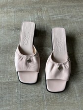 Salvatore Ferragamo Pink Leather Square Toe Slide Mules 8.5 Logo Charm Italy NEW