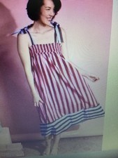 Buru Tie Shoulder Strap Stripe Print Square Neck Sleeveless Midi Dress Size  M/L