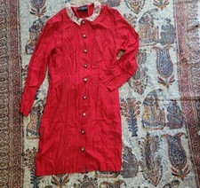 Vtg Red Dress ELLISE with Lace ruffle embellished button up M 