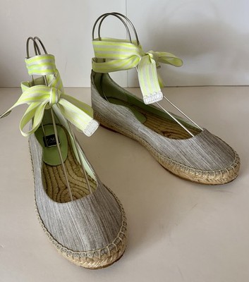 Zac Posen Women's Vinca Ballet Flat Ankle Wrap Espadrilles Sz 8 Gray Green