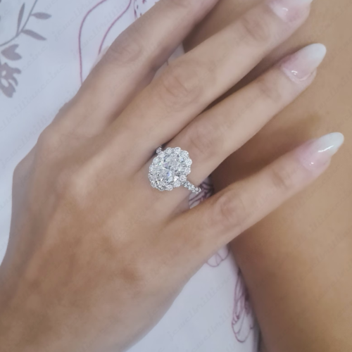 2.85Ctw Oval Cut Moissanite Halo Wedding Engagement Ring 14K White Gold Plated - Picture 7 of 10
