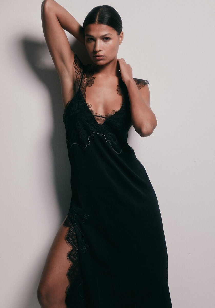 Zara Long Lace V-Neck Camisole Dress ZW Collection Black
