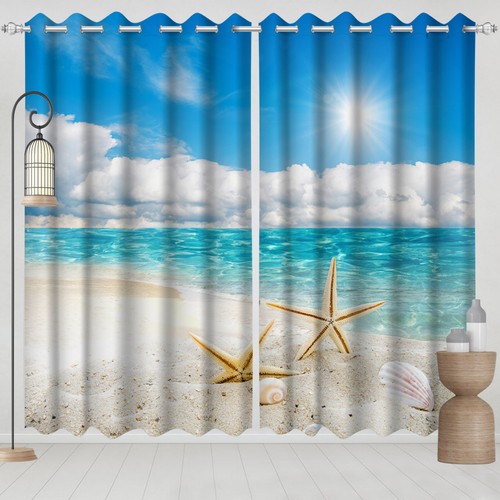 Blue Ocean Beach Starfish 3D 2 Panels Window Curtains Blockout Drapes Fabric - Picture 4 of 11