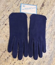 Vintage Size S M 6 3/4 Blue Suede 8.5" Gloves Kislav France Stitching Detail