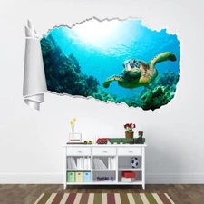 Sea Turtle 3D Torn Hole Ripped Wall Sticker Decal Decor Art Ocean Animals WT303