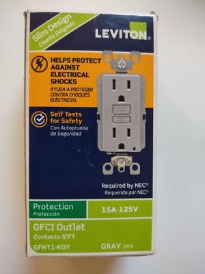 #ad Leviton 15 Amp Self Test Slim Duplex GFCI Outlet Gray GFNT1 KGY New $19.95