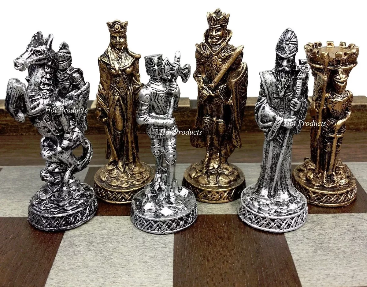 Medieval Times Knight Pewter Metal Chess Set Antique Finish W 17 Castle  Board