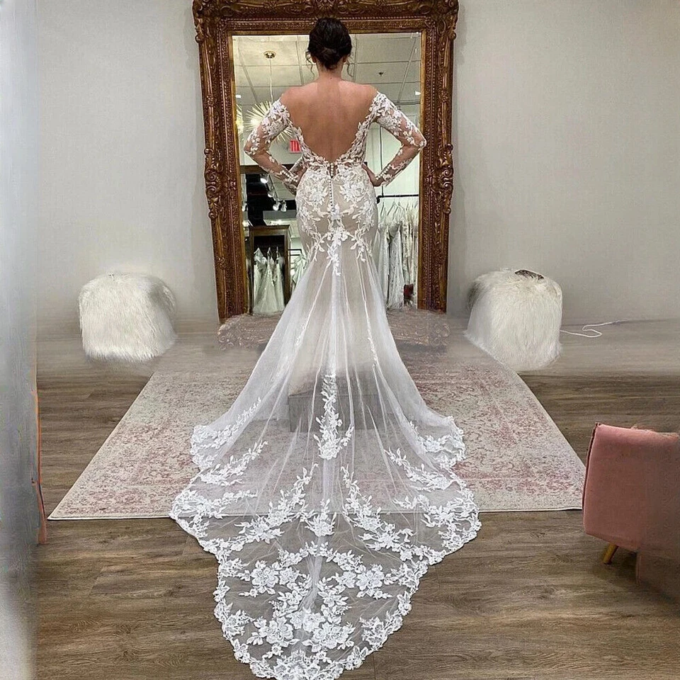 Vestidos de novia de encaje sirena mangas largas apliques botones sin espalda vestido de novia Foto 3 de 4