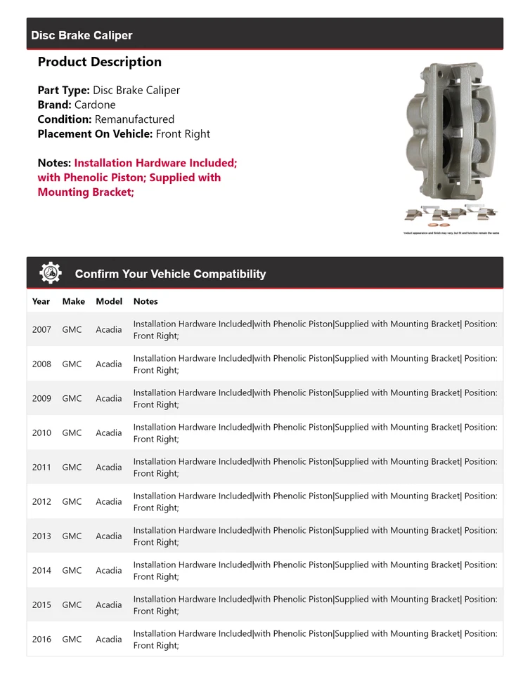 Pinça de freio a disco dianteira direita Cardone 2008 2009 2010 para 2007-2016 GMC Acadia - Imagem 2 de 4