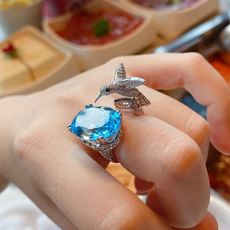 New Hummingbird 15mm Oval Blue Topaz Gemstone Special Women Luxury Silver Ring - Image 3 of 4