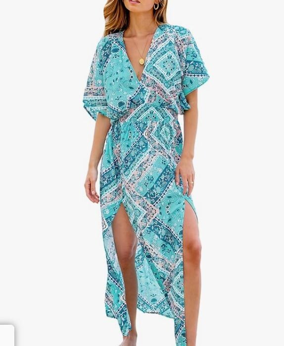 CUPSHE Plunging V Neck Dolman Sleeve Smocked Waist High Split Maxi Beach  Dress | eBay
