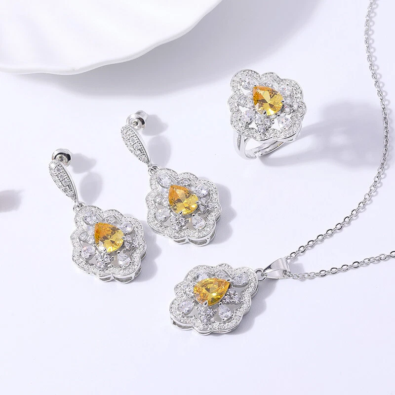 Nuevo anillo colgante de mujer topacio blanco citrino verde gota de agua de calidad 3 piezas Foto 2 de 4