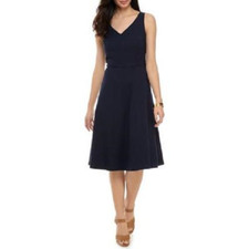 NEW CHAPS NAVY BLUE CAREER FIT AND FLARE MIDI  DRESS SIZE 12 SIZE 16 $89