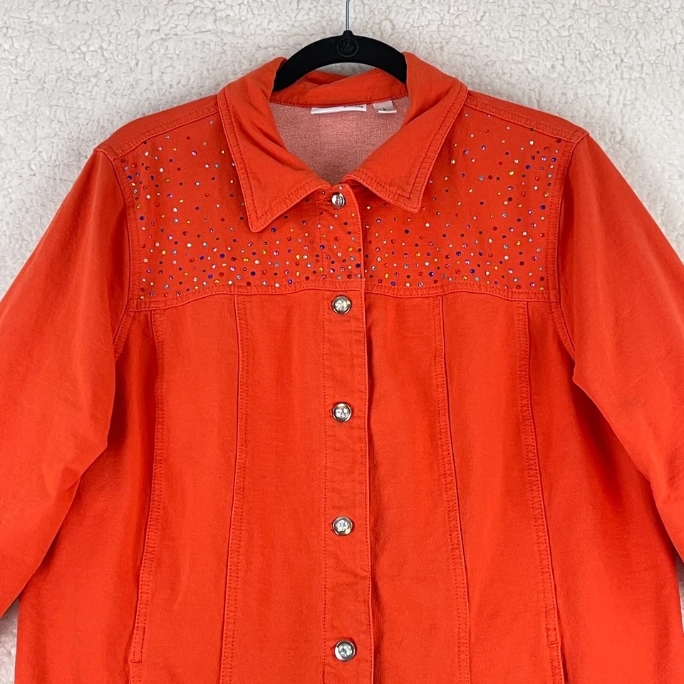 Quacker Factory Jacket Womens Large Orange Button Front Bedazzled Long Sleeve - Image 2 of 4