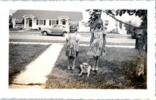 1940s Girls and Dog in Matching Striped Dresses Suburban Yard Vintage Photo