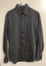 Perry Ellis Black & Grey Strip Button Down Long Sleeve Shirt Men Size Medium