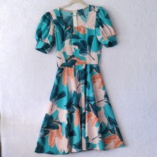 Tropical Botanical Blue Fit & Flare Puff Sleeve Midi Dress Size M