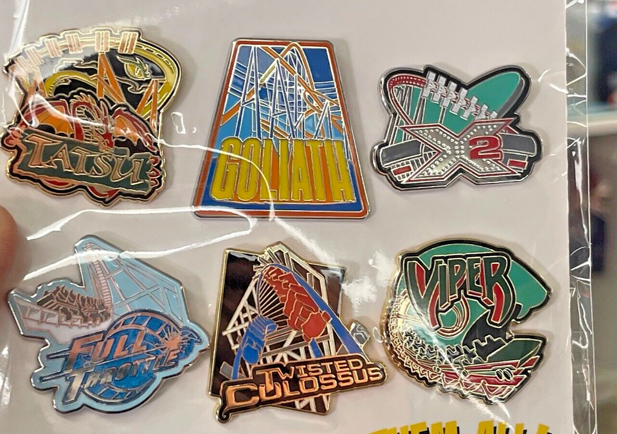 Six Flags Magic Mountain Pin Set Tatsu Full Throttle Goliath Viper