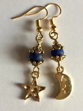Star and Moon Dangle Charm Earrings With Sodalite Stone