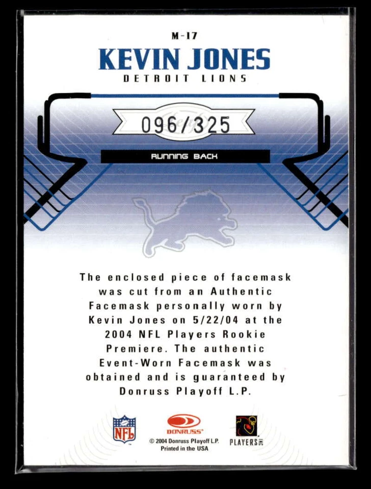 2004 Leaf Rookies & Stars Kevin Jones Used Face Mask /325 Lions U8137 - Image 2 of 2