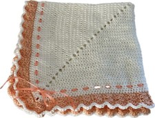 READY TO SHIP  Hand Crafted Baby Blanket White With Peach Crocheted With Love