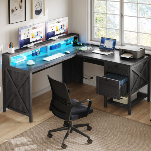L Shaped Desk with Power Outlets LED Lights 60” Wood Computer Desk w/File Drawer