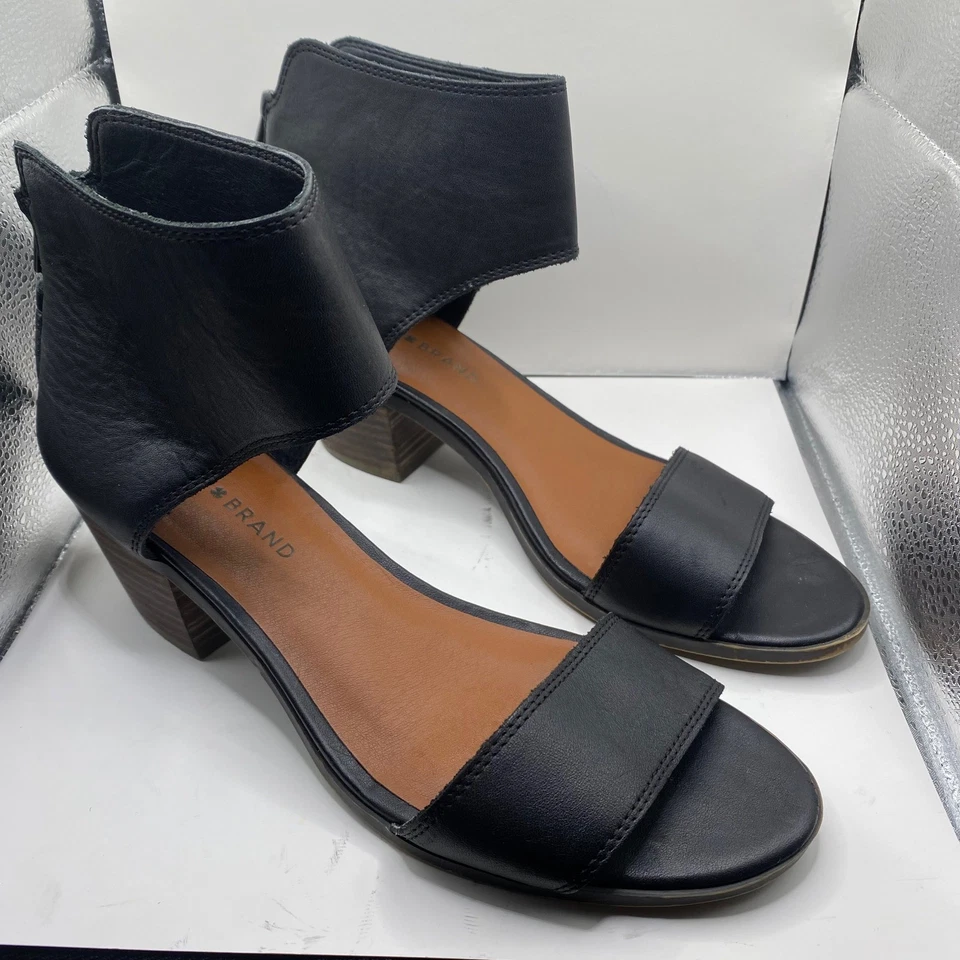 Lucky Brand Barbina Black Leather Ankle Strap Block Heel Sandals Women Size 8.5 - Image 3 of 4