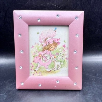 Spring Easter Illustration Pink Rhinestone Picture Frame Girl Lamb 4.5x3.75''