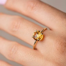 Citrine Engagement Ring Round Cut Gemstone Ring Gold Plated 925 Silver Ring