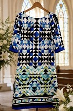 Eliza J Blue Geometric Print Sheath Dress Women Size 14 Lined Gold Zip
