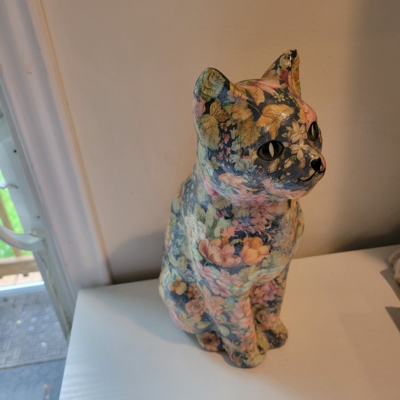 Vintage Floral Blue & Pink Spring Decoupage Cat Figurine Sculpture 11.5”