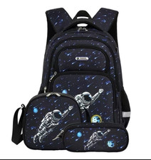 Space Astronaut Galaxy Print Kids Backpack Set Black Blue White Polyester Zip