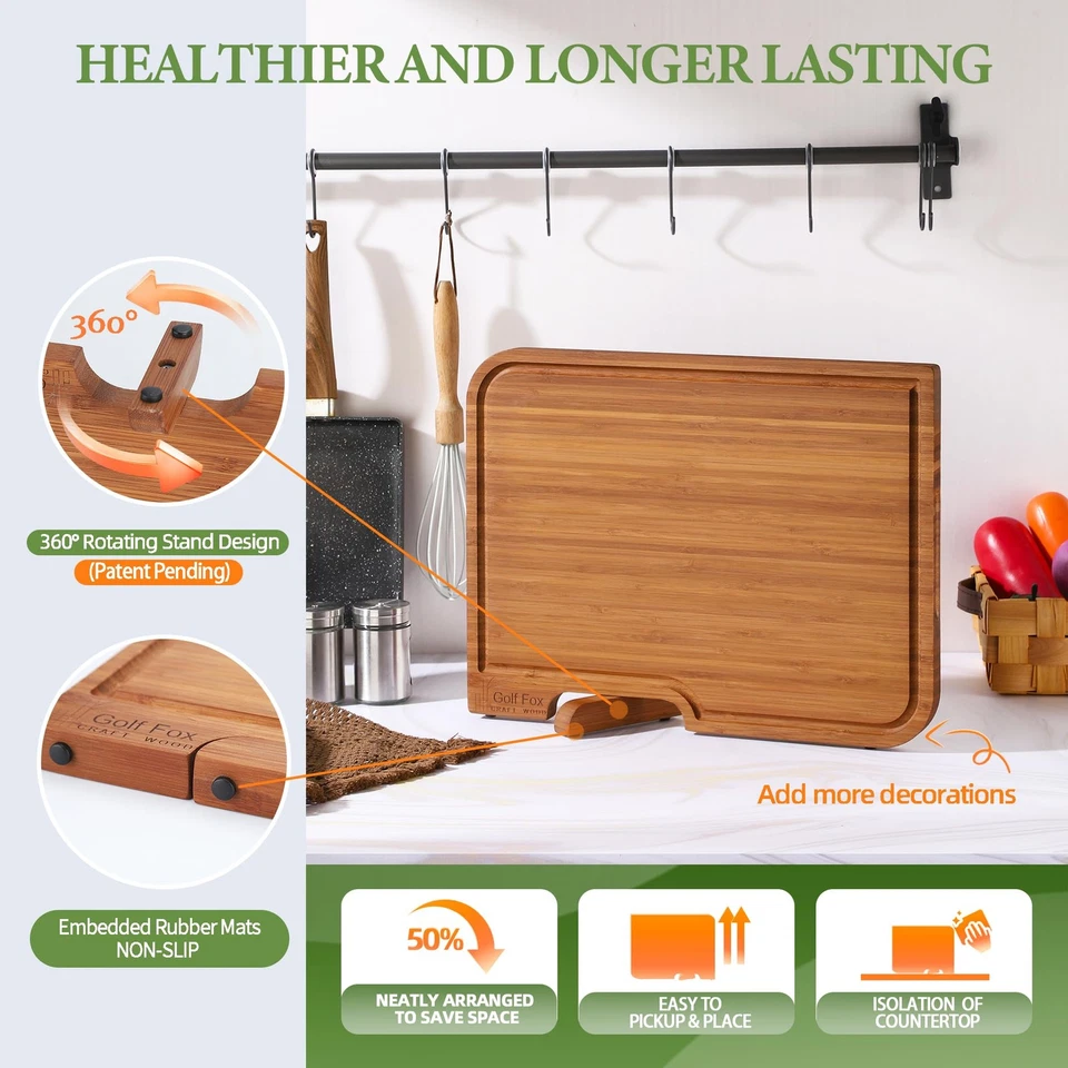 4-PCS Cutting Board Set, Wood Cutting Board for Kitchen with Innovative Stand... - Image 3 of 4