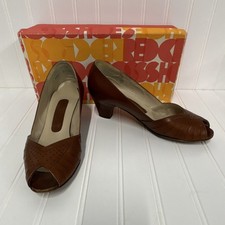 Vintage Red Cross Shoes Brown Leather Slip On Peep Toe Block Heel Pumps 8.5