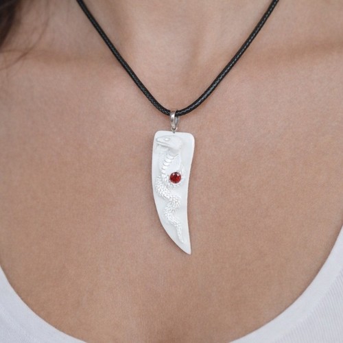 Carved Snake Fang Pendant Necklace White Tooth Style Gothic Charm 2"