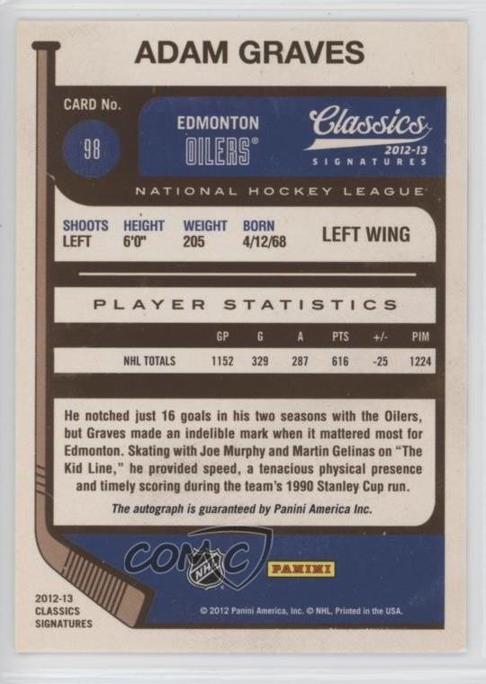 2012-13 Panini Classics Signatures Auto Adam Graves #98 Auto 6hl
