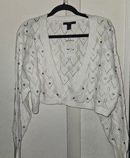 Forever 21 White Crop Cardigan Sweater with rhinestone bling, Size Large