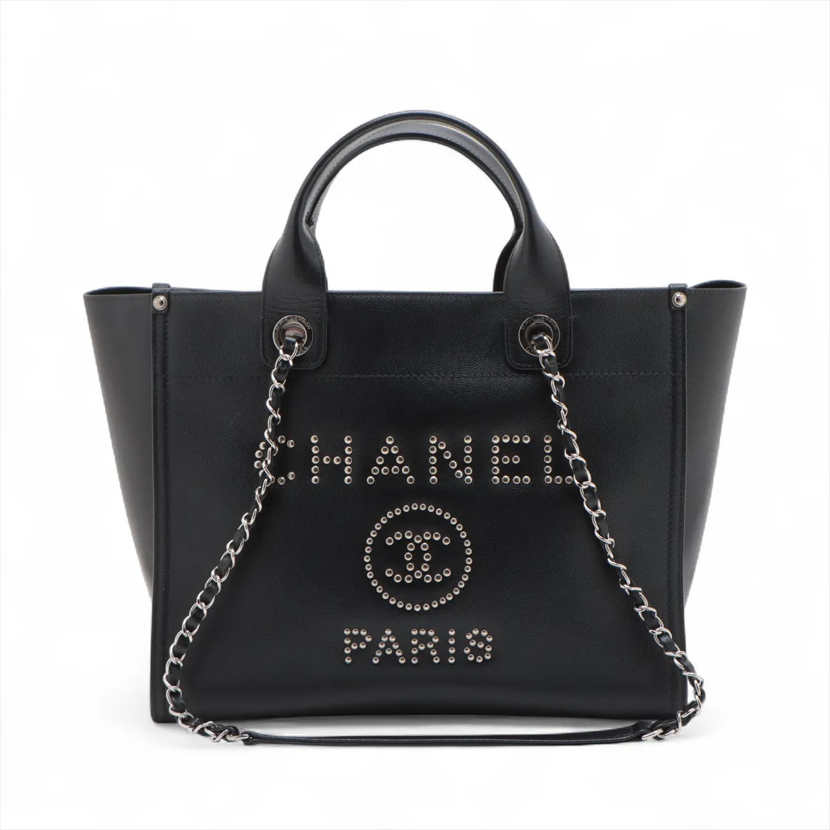 Chanel Deauville MM Caviar Skin 2 Way Tote Bag Black Silver Metal Fittings 25XXX