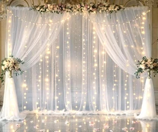 20Ft X 10Ft White Tulle Wedding Backdrop Curtains with Lights String 4 Panels Sh