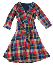 ModCloth Blue Red Yellow Green Plaid 3/4 Sleeve V-Neck Pocket Sheath Dress 6
