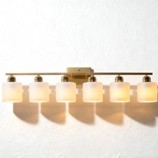 Vanity Light 38" 6 Lights Milk Glass Shade Bathroom Mirror Modern Wall Lamp Gold