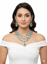 Indian Bollywood Silver Plated Ethnic AD CZ Jewelry Earrings Necklace Bridal Set