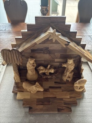 Hand Carved Nativity Scene.  Joseph Missing His Staff.