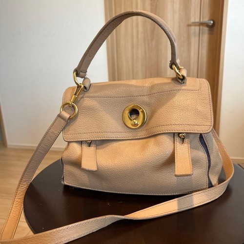 YSL Muse Two Beige Pebbled Leather 2Way Satchel Shoulder Bag Gold Hardware