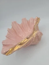 Vintage MCM Deco Regency Ceramic Shell Clamshell Bowl Ashtray Pink Gold 2