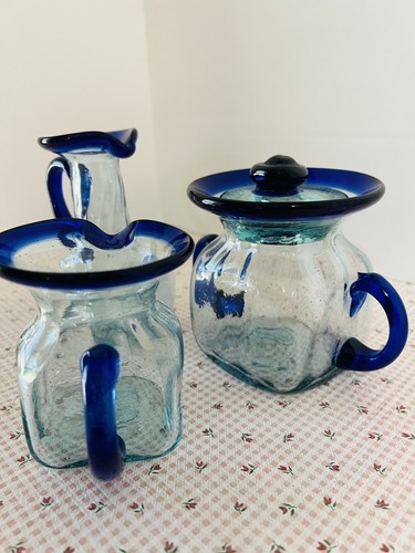 Set cremiera e zucchero messicano blu cobalto bordo bolla vetro soffiato a mano ~ vinaigrette - Foto 4 di 24