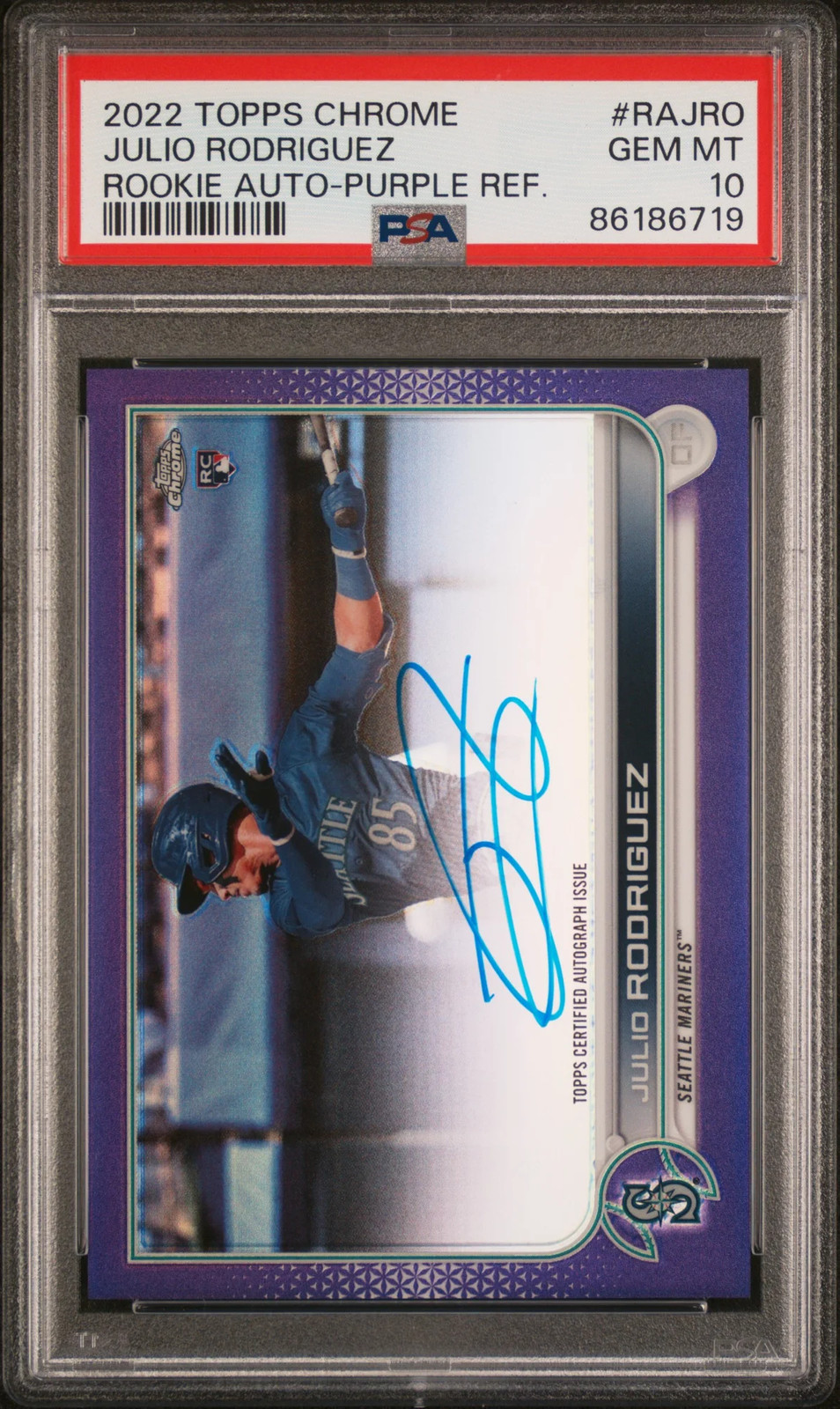 2022 Topps Chrome Julio Rodriguez Purple Rookie Autograph /250 #RAJRO PSA 10 view 1